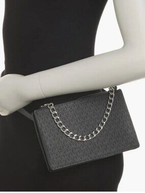 Michael Kors Black Logo Print Waist Belt Bag Purse Snap Zip with Gunmetal Chain